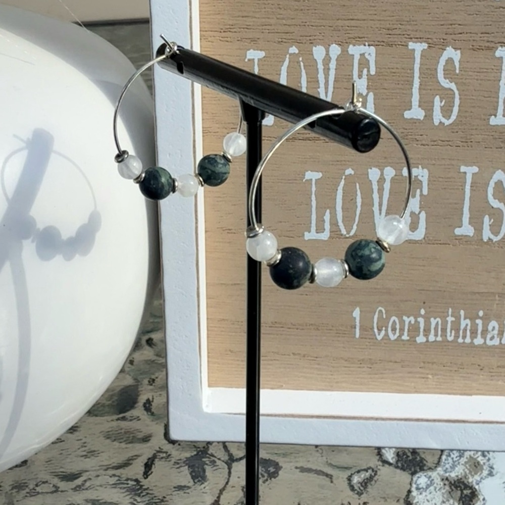 NWT Kambaba Jasper/Selenite Sterling Silver Hoop Earrings